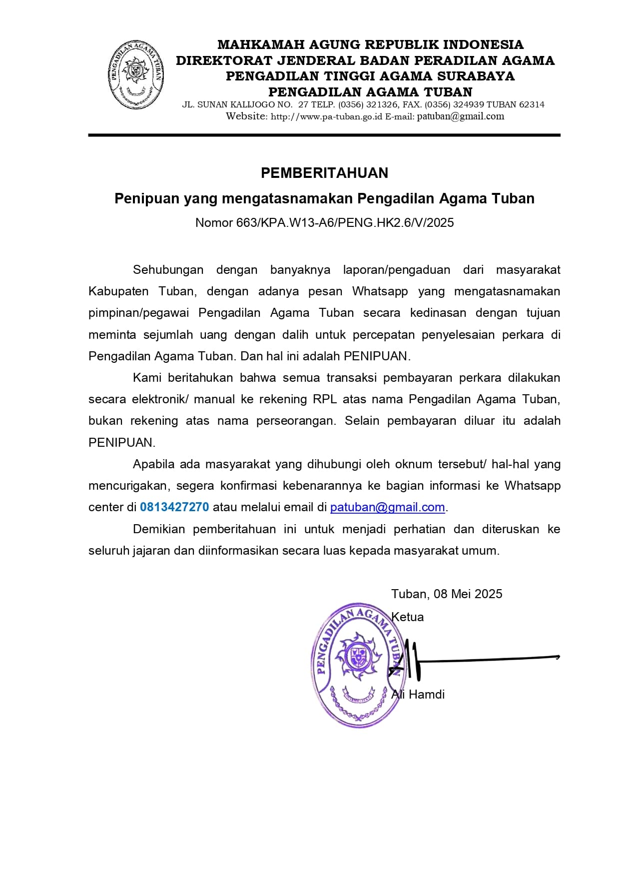 PEMBERITAHUAN
Penipuan yang mengatasnamakan Pengadilan Agama Tuban